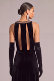Black Mermaid V-Neck Velvet Long Formal Dress with Slit