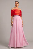 Pink Chiffon Off the Shoulder A-Line Long Formal Dress