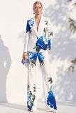White Blue Floral 2 Piece Peak Lapel Women Suits with Pocket