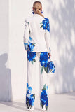 White Blue Floral 2 Piece Peak Lapel Women Suits with Pocket