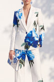 White Blue Floral 2 Piece Peak Lapel Women Suits with Pocket