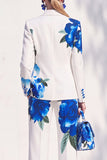 White Blue Floral 2 Piece Peak Lapel Women Suits with Pocket