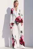 White Blue Floral 2 Piece Peak Lapel Women Suits with Pocket