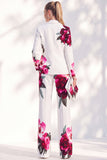 White Blue Floral 2 Piece Peak Lapel Women Suits with Pocket