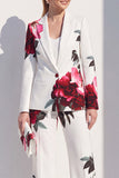 White Blue Floral 2 Piece Peak Lapel Women Suits with Pocket