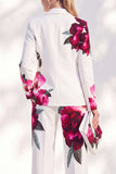 White Blue Floral 2 Piece Peak Lapel Women Suits with Pocket