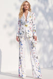 White Floral Peak Lapel 2 Piece Women Suits with Sleeves