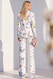 White Floral Peak Lapel 2 Piece Women Suits with Sleeves