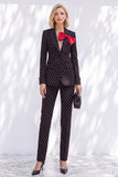 Black Polka Dot Peak Lapel 2 Piece Single Breasted Women Suits with Bow