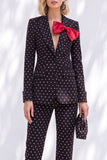 Black Polka Dot Peak Lapel 2 Piece Single Breasted Women Suits with Bow