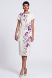 White Floral Sheath Midi Work Dress with Sleeves