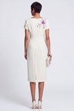 White Floral Sheath Midi Work Dress with Sleeves