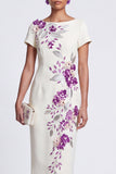 White Floral Sheath Midi Work Dress with Sleeves