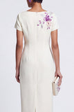 White Floral Sheath Midi Work Dress with Sleeves
