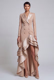 Khaki Ruffled Peak Lapel Tiered Double Breasted High Low Blazer Dress with Sleeves