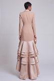 Khaki Ruffled Peak Lapel Tiered Double Breasted High Low Blazer Dress with Sleeves