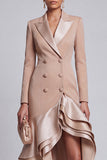 Khaki Ruffled Peak Lapel Tiered Double Breasted High Low Blazer Dress with Sleeves