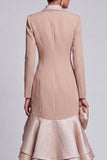 Khaki Ruffled Peak Lapel Tiered Double Breasted High Low Blazer Dress with Sleeves