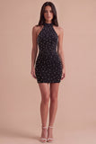 Sparkly Black Bodycon High Neck Beaded Short Cocktail Dress with Pearls