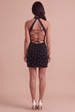 Sparkly Black Bodycon High Neck Beaded Short Cocktail Dress with Pearls