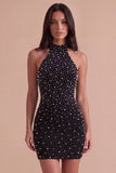 Sparkly Black Bodycon High Neck Beaded Short Cocktail Dress with Pearls