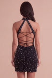Sparkly Black Bodycon High Neck Beaded Short Cocktail Dress with Pearls