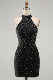 Sparkly Black Bodycon High Neck Beaded Short Cocktail Dress with Pearls