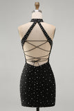 Sparkly Black Bodycon High Neck Beaded Short Cocktail Dress with Pearls