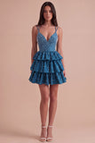 Sparkly Beaded Dark Blue Ruffled V-Neck Tiered Short Cocktail Dress with Pearls