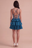 Sparkly Beaded Dark Blue Ruffled V-Neck Tiered Short Cocktail Dress with Pearls