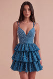 Sparkly Beaded Dark Blue Ruffled V-Neck Tiered Short Cocktail Dress with Pearls