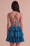 Sparkly Beaded Dark Blue Ruffled V-Neck Tiered Short Cocktail Dress with Pearls