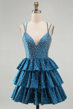 Sparkly Beaded Dark Blue Ruffled V-Neck Tiered Short Cocktail Dress with Pearls