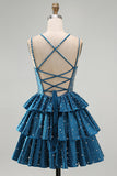 Sparkly Beaded Dark Blue Ruffled V-Neck Tiered Short Cocktail Dress with Pearls