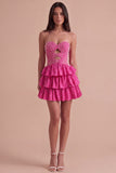 Fuchsia Ruffled Strapless Keyhole Tiered Short Cocktail Dress with Pearls