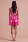 Fuchsia Ruffled Strapless Keyhole Tiered Short Cocktail Dress with Pearls