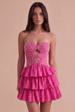 Fuchsia Ruffled Strapless Keyhole Tiered Short Cocktail Dress with Pearls