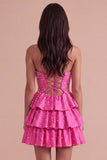 Fuchsia Ruffled Strapless Keyhole Tiered Short Cocktail Dress with Pearls