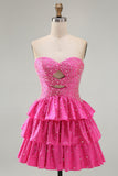 Fuchsia Ruffled Strapless Keyhole Tiered Short Cocktail Dress with Pearls
