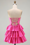 Fuchsia Ruffled Strapless Keyhole Tiered Short Cocktail Dress with Pearls