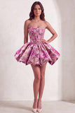 Red Corset Strapless Floral Short Jacquard Cocktail Dress