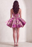 Red Corset Strapless Floral Short Jacquard Cocktail Dress
