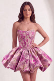 Red Corset Strapless Floral Short Jacquard Cocktail Dress