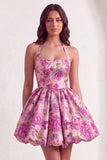 Red Floral Jacquard Halter A-Line Short Cocktail Dress