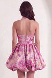 Red Floral Jacquard Halter A-Line Short Cocktail Dress