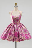 Red Floral Jacquard Halter A-Line Short Cocktail Dress