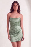 Dusty Green Sparkly Sequins Strapless Bodycon Short Cocktail Dress