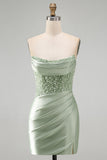 Dusty Green Sparkly Sequins Strapless Bodycon Short Cocktail Dress