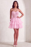 Pink Sparkly Sequins Strapless Beaded A-Line Ruffled Short Cocktail Dress