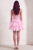 Pink Sparkly Sequins Strapless Beaded A-Line Ruffled Short Cocktail Dress